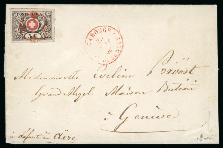 Stamp of Switzerland / Schweiz » "Waadt", "Neuenburg", "Winterthur" 1850, Waadt 5, auf schönem Briefumschlag von Carouge nach Genf, klar und ideal zentrisch entwertet mit roter Rosette von Carouge (AW6)