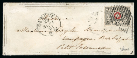 Stamp of Switzerland / Schweiz » "Waadt", "Neuenburg", "Winterthur" 1851, Waadt 5,  auf Damenbrief mit Zierprägung und Bronztinte von Genf nach Petit Saconnex