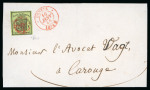 Stamp of Switzerland / Schweiz » Kantonalmarken » Genf 1848, grosser Adler gelbgrün, auf dekorativem Briefumschlag von Genf nach Carouge, zentrisch entwertet mit voll aufgesetzter roter Genfer Rosette (AW2)