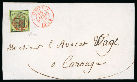 Stamp of Switzerland / Schweiz » Kantonalmarken » Genf 1848, grosser Adler gelbgrün, auf dekorativem Briefumschlag von Genf nach Carouge, zentrisch entwertet mit voll aufgesetzter roter Genfer Rosette (AW2)