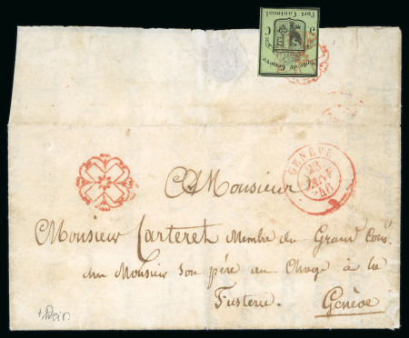 Stamp of Switzerland / Schweiz » Kantonalmarken » Genf 1846, kleiner Adler,  auf der Rückseite als « Verschlussmarke » eines Faltbriefs von Genf nach La Fusterie