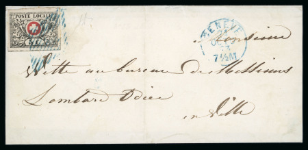 Stamp of Switzerland / Schweiz » "Waadt", "Neuenburg", "Winterthur" 1850, Waadt 5 in der tiefschwarzen Nuance, auf lokalem Umschlag von Genf, kontrastreich entwertet mit übergehender blauer eidgenössischer Raute