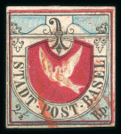 Stamp of Switzerland / Schweiz » Kantonalmarken » Basel 1845, Basler Taube in der lebhaftblauen Nuance, leicht entwertet mit grossem roten Zweikreisstempel von Basel