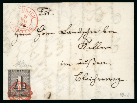 Stamp of Switzerland / Schweiz » Kantonalmarken » Zürich 1847, Zürich 4,  auf dekorativem Stadtbrief an Herrn Landschreiber Keller im Äusseren Bleicherweg