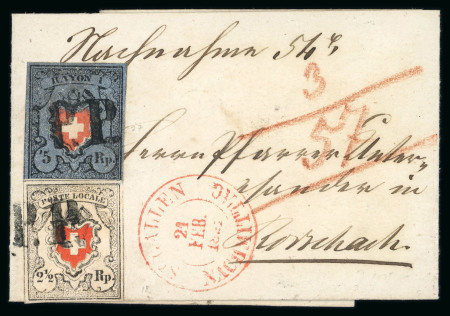 Stamp of Switzerland / Schweiz » Orts-Post und Poste Locale 1851, Poste Locale mit Kreuzeinfassung, Type 18, zusammen mit Rayon I dunkelblau ohne Kreuzeinfassung, Type 27, als 7.5 Rp. Mischfrankatur