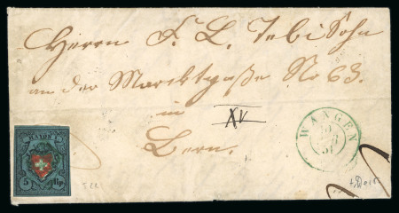 Stamp of Switzerland / Schweiz » Rayonmarken » Rayon I, dunkelblau ohne Kreuzeinfassung 1851, Rayon I dunkelblau ohne Kreuzeinfassung, Type 22, auf Briefumschlag von Wangen nach Bern, ideal klar, zentrisch und kontrastvoll entwertet mit äusserst seltenem grünem Petschaftstempel der Posthalterin Maria Lanz