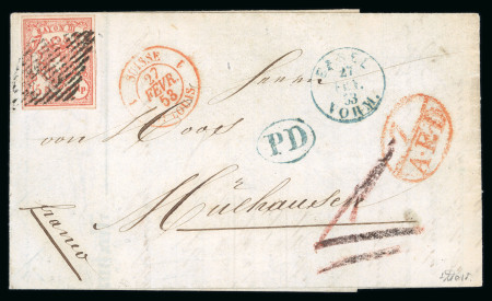 Stamp of Switzerland / Schweiz » Rayonmarken » Rayon III (grosse Ziffer) 1853, Rayon III grosse Wertziffern, Type 8,  auf Faltbrief von Basel nach Mühlhausen (Frankreich)