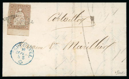Stamp of Switzerland / Schweiz » Sitzende Helvetia Ungezähnt » 1856-57 Berner Druck (II) 5 Rp. braun, 2. Berner Druckperiode, aus der linken unteren Bogenecke mit sehr grossem unteren Bogenrand von ca. 6mm