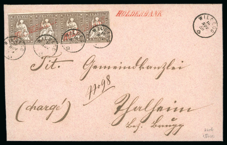 Stamp of Switzerland / Schweiz » Sitzende Helvetia Ungezähnt » 1856-57 Berner Druck (III) 1859, 5 Rp. braun im Viererstreifen, 3. Berner Druckperiode, auf eingeschriebenem Brief von Holderbank nach Thalheim