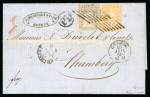 Stamp of Switzerland / Schweiz » Sitzende Helvetia Ungezähnt » 1856-57 Berner Druck (II) 1856, 1 Fr. grau, 2. Berner Druckperiode, zusammen mit 20 Rp. orange, 1. Berner Druckperiode, auf Faltbrief von Genf nach Chambéry (Frankreich)