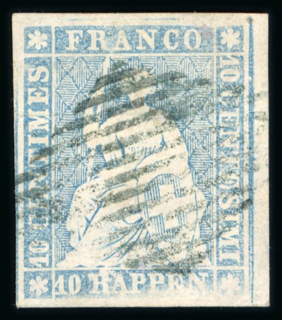 Stamp of Switzerland / Schweiz » Sitzende Helvetia Ungezähnt » 1854-55 Berner Druck (I) 10 Rp. blau, 1. Berner Druckperiode, mit Abart « unklarer, fehlerhafter Druck »