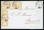 Stamp of Switzerland / Schweiz » Sitzende Helvetia Ungezähnt » 1857-62 Berner Druck, Dickes Papier 2 Rp. grau, 4. Berner Druckperiode, im Paar und im Dreierstreifen, auf Faltbrief von Delémont an Herrn Burrus in Boncourt
