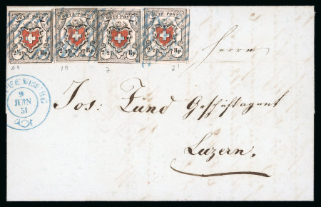 Stamp of Switzerland / Schweiz » Orts-Post und Poste Locale 1851, 4 Orts-Post mit Kreuzeinfassung, Typen 24-19-7-21, als 10 Rp. Frankatur