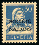 Stamp of Switzerland / Schweiz » Ämtermarken 1932, Société des Nations Tellbrustbild 30 Rp. blau auf geriffeltem Papier, ungebraucht mit vollem Originalgummi