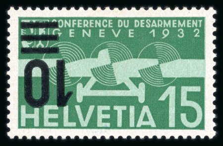 Stamp of Switzerland / Schweiz » Flugpost » Flugmarken 1935, Aufsbrauchsausgaben 10 auf 15 Rp. mit Abart « kopfstehender Aufdruck »,  ungebraucht mit vollem Originalgummi und Falz