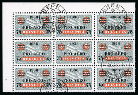 Stamp of Switzerland / Schweiz » Flugpost » Flugmarken 1938, Flugpost 75 auf 50 Rp. mit Aufdruck Pro Aero, im 9er Block aus der linken oberen Bogenecke, bei der Entwertung mit dem Stempel « BERN 1 22.V.38-8 BRIEFVERSAND » sind 2 Marken ungestempelt geblieben