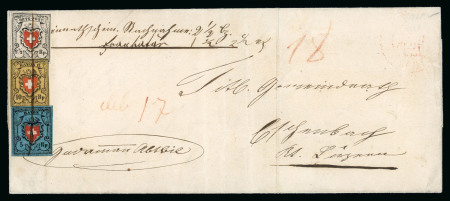 Stamp of Switzerland / Schweiz » Orts-Post und Poste Locale 1851, Orts-Post mit Kreuzeinfassung, Type 18 zusammen mit Rayon I dunkelblau ohne Kreuzeinfassung, Type 17 und Rayon II, Type 10, Stein A2-LU, als Dreifarben Mischfrankatur von 17.5 Rp.