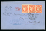 Stamp of Danish West Indies 1872, Envelope from St Thomas to New York, franked with France strip of three Bordeaux Y&T n°48 40c orange, forwarding agent cachet