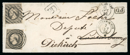 Stamp of Luxembourg 1856 (Oct 7) small envelope from Grevenmacher to Luxembourg franked 10c grey-black