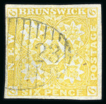 Stamp of Canada » New Brunswick 1851 Royal Crown and Flowers 6d yellow on blued paper used
