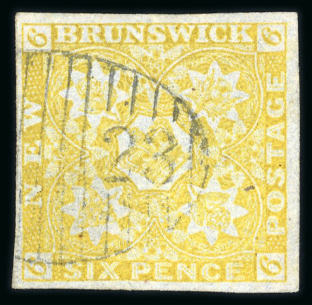 Stamp of Canada » New Brunswick 1851 Royal Crown and Flowers 6d yellow on blued paper used