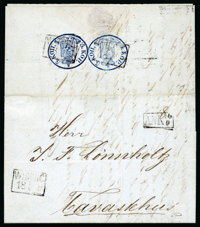 Stamp of Finland 1859 (Sept 7) 5k private stationery entire to Tavastehus, additionally uprated by a 5k cut-out