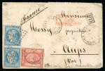 Stamp of Egypt » French Post Offices » Mixed Frankings 1871, mixed franking on cover from Alexandria to France with 20c blue (Yv. 45A) in vertical pair cancelled GC "5080" in combination with Egypt 1pi cancelled Port Said with another strike adjacent, multiple transit stamps