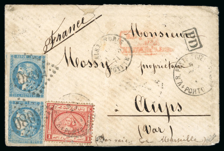Stamp of Egypt » French Post Offices » Mixed Frankings 1871, mixed franking on cover from Alexandria to France with 20c blue (Yv. 45A) in vertical pair cancelled GC "5080" in combination with Egypt 1pi cancelled Port Said with another strike adjacent, multiple transit stamps