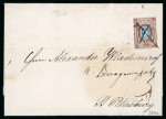 Stamp of Russia » Russia Imperial 1857-58 First Issues Arms 10k brown & blue (St. 1) 1857 10k brown and blue tied by pen-cross cancel on 1858 (Feb 28) folded entire from Mitau (Jerlava, Latvia)