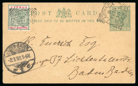 Stamp of Cyprus » Queen Victoria Keyplate Issues 1898 (Feb 26) 1/2pi UPU post card uprated with 1894-96 1/2pi sent from Larnaca