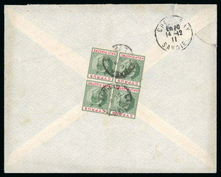 Stamp of Cyprus » King Edward VII Issues 1911 (Dec 11) Commercial cover from Larnaca to France franked on the reverse with 1904-10 1/2pi block of four
