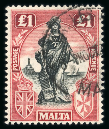 Stamp of Malta 1922 £1 black and bright carmine-red, wmk sideways, used with a mint example, both fine and scarce.