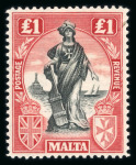 Stamp of Malta 1922 £1 black and bright carmine-red, wmk sideways, used with a mint example, both fine and scarce.