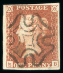 Stamp of Great Britain » 1840 1d Black and 1d Red plates 1a to 11 1840 1d pl.10 HJ, red printing from "black plate", showing "O" flaw state 2 & square "J", plus EB used