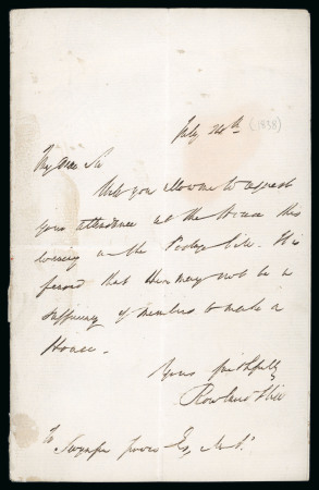 Stamp of Great Britain » Line Engraved Essays, Plate Proofs, Colour Trials and Reprints 1838 Rowland Hill Letter (24th July) about the Post Office Bill to Swynfen Jervis MP