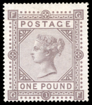 Stamp of Great Britain » 1855-1900 Surface Printed » 1867-83 High Values 1867-83 wmk MC £1 brown-lilac pl.1 mint o.g., a remarkably fine and fresh example of this important GB rarity