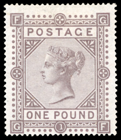 Stamp of Great Britain » 1855-1900 Surface Printed » 1867-83 High Values 1867-83 wmk MC £1 brown-lilac pl.1 mint o.g., a remarkably fine and fresh example of this important GB rarity
