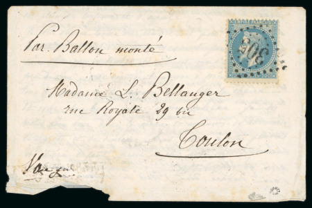Stamp of France » Ballons Montés 1870, Y&T n°29B, enveloppe et correspondance avec mention