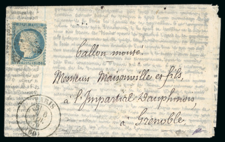 Stamp of France » Ballons Montés 1870, Y&T n°29B, lettre avec mention manuscrite "Par