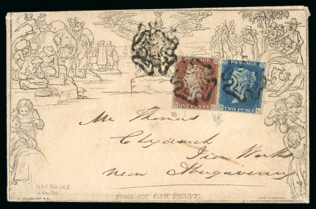 Stamp of Great Britain » 1840 Mulreadys & Caricatures » 1d Lettersheets and Envelopes 1841 (Jun 5) 1d Mulready envelope, stereo A164, sent within Wales with 1840 2d blue and 1841 1d red