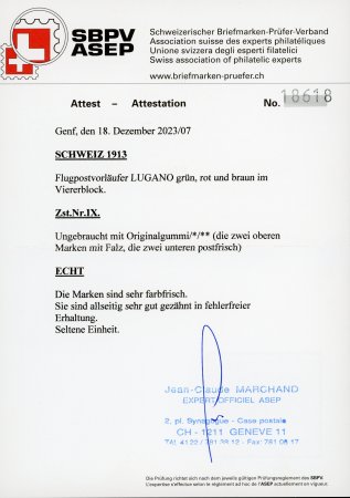 1913, Flugpostvorläufer Lugano im Viererblock ungebraucht mit vollem Originalgummi und Falz