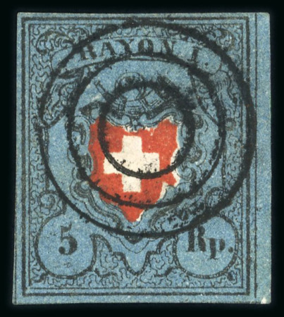 Stamp of Switzerland / Schweiz » Rayonmarken » Rayon I, dunkelblau ohne Kreuzeinfassung 1850, Rayon I dunkelblau ohne Kreuzeinfassung, Type 24, entwertet mit schwarzem Bieler Dreiringsstempel