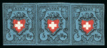 Stamp of Switzerland / Schweiz » Rayonmarken » Rayon I, dunkelblau ohne Kreuzeinfassung 1850, Rayon I dunkelblau ohne Kreuzeinfassung im waagrechten Dreierstreifen, Typen 37-38-39, entwertet mit schwarzem PP