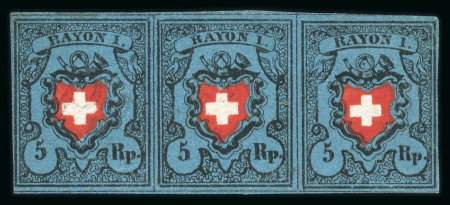 Stamp of Switzerland / Schweiz » Rayonmarken » Rayon I, dunkelblau ohne Kreuzeinfassung 1850, Rayon I dunkelblau ohne Kreuzeinfassung im waagrechten Dreierstreifen, Typen 37-38-39, entwertet mit schwarzem PP