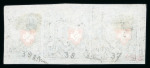 Stamp of Switzerland / Schweiz » Rayonmarken » Rayon I, dunkelblau ohne Kreuzeinfassung 1850, Rayon I dunkelblau ohne Kreuzeinfassung im waagrechten Dreierstreifen, Typen 37-38-39, entwertet mit schwarzem PP