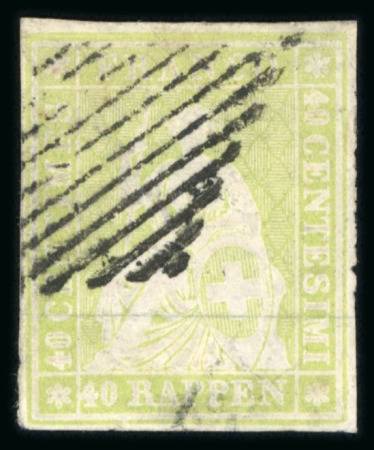 Stamp of Switzerland / Schweiz » Sitzende Helvetia Ungezähnt » Münchner Druck, 1. Auflage 1854, 40 Rp. grün 1. Münchner Druckperiode klar und sauber entwertet mit schwarzer eidgenössischer Raute