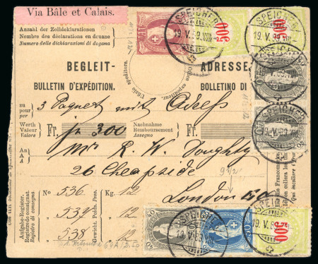 Stamp of Switzerland / Schweiz » Portomarken 1887, Portomarken 500 Rp. gelbgrün ein Paar und eine Einzelmarke auf Begleitadresse für Wertpakete von Speicher nach London