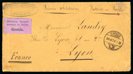 Stamp of Switzerland / Schweiz » Portofreiheit 1871, Portofreiheits-Vignette « Militaires français internés en Suisse. GRATIS. » purpurlila auf Brief von Sarnen nach Lyon