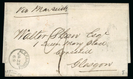 Stamp of Egypt » British Post Offices » Alexandria 1869 (23.1) Folded cover via Marseille, to Glasgow, bearing Alexandria duplex and rated "9"