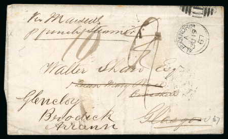 Stamp of Egypt » British Post Offices » Alexandria 1867 (19.6) Folded cover via Marseille by French Steamer, bearing Alexandria duplex and rated "9"